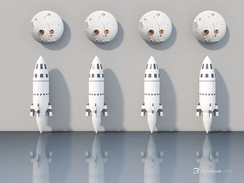 White Swing Door Design With Rocket Models And Moon Textured Decorations 3d model