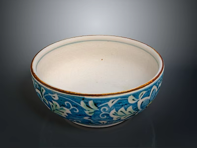 Decorative Ceramic Bowl With Blue Floral Patterns Gold Rim And White Interior 3d model