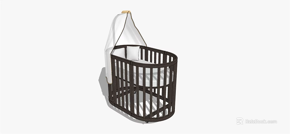 Baby Crib With Dark Wooden Frame White Canopy And Simple Modern Design 3d model 