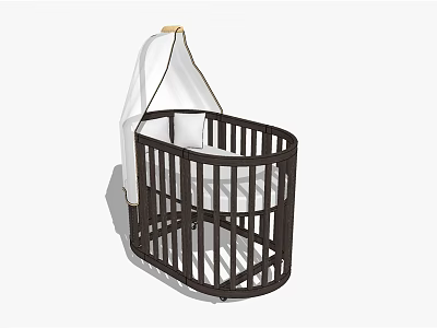 Baby Crib With Dark Wooden Frame White Canopy And Simple Modern Design 3d model