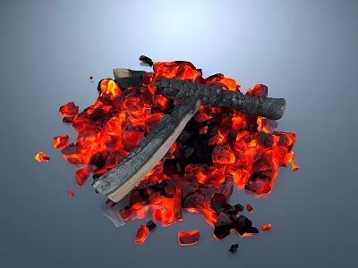 Burning Charcoal with Wood Logs and Flaming Embers on Gray Background 3d model