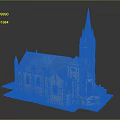 Garden Landscape Design Featuring Historic Church With Spire And Blue Roof