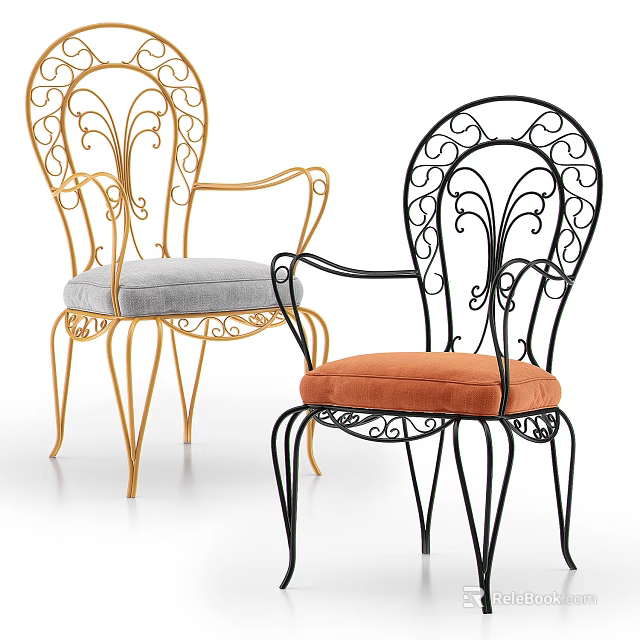 Gold And Black Leisure Chairs With Ornate Iron Frame And Colorful Cushions 3d model 