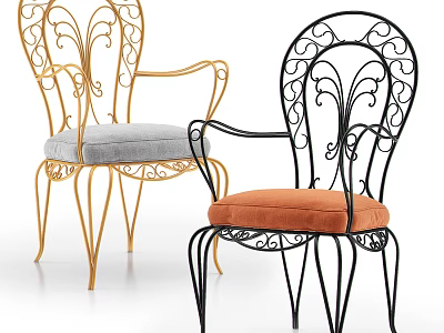 Gold And Black Leisure Chairs With Ornate Iron Frame And Colorful Cushions 3d model