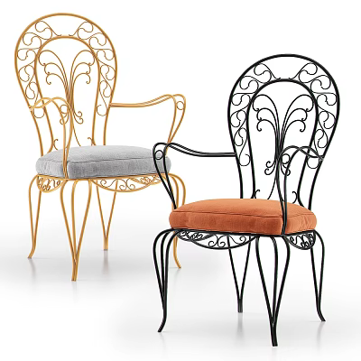 Gold And Black Leisure Chairs With Ornate Iron Frame And Colorful Cushions 3d model