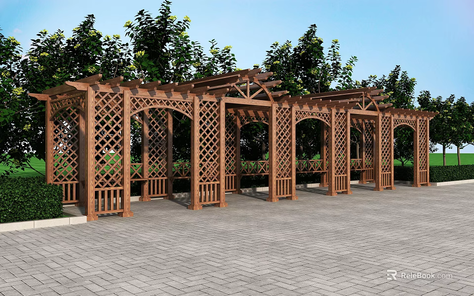 Wooden Pergola With Lattice Design In Outdoor Paved Courtyard Surrounded By Trees 3d model 