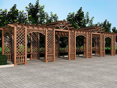 Wooden Pergola With Lattice Design In Outdoor Paved Courtyard Surrounded By Trees 3d model