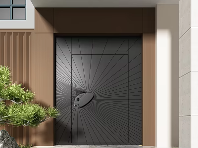 Black Security Door With Radiant Line Pattern Silver Handle Brown Wall And Green Plant 3d model