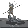 Cartoon Sculpture Holding Staff With Curly Horns Silver Armor On Cloud Base In Water Pool