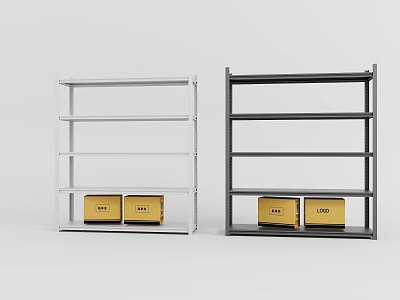Modern Display Shelving Units With White And Black Frames Holding Golden Boxes 3d model