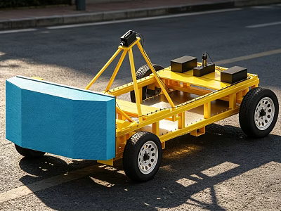 Yellow Utility Vehicle With Blue Cargo Box And Frame Structure On Road 3d model