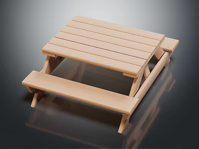 Wooden Square Outdoor Table with Attached Benches Simple Design for Patio Garden Use 3d model