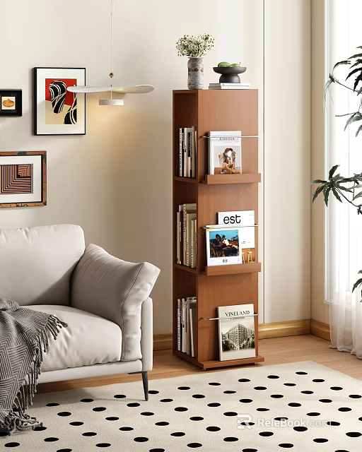 Wooden Bookcase In Modern Living Room Interior With Books Magazines Artwork And Plant 3d model 