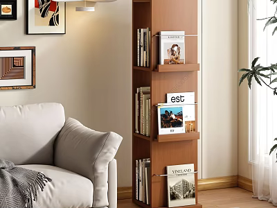 Wooden Bookcase In Modern Living Room Interior With Books Magazines Artwork And Plant 3d model