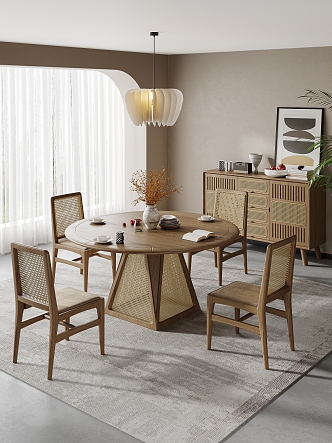 Quiet Restaurant-Quiet Rattan Dining Table and Chair Combination 3d model