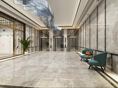 Modern Elevator Lobby With Marble Walls Floor Chandelier Plants And Seating 3d model
