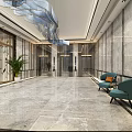 Modern Elevator Lobby With Marble Walls Floor Chandelier Plants And Seating
