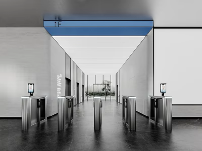 Modern Elevator Hallway With Automatic Turnstiles 1F Sign And Scenic View 3d model