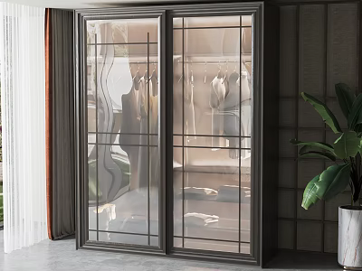 Modern Sliding Glass Door Wardrobe Interior With Hanging Clothes And Potted Plant 3d model