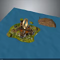 Miniature Island Scene Model With Circular Building Green Vegetation Blue Base And Small Brown Land