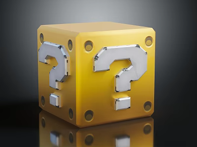 Golden Cube With Silver Question Marks And Circular Holes On Dark Background With Reflections 3d model