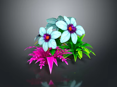 Vibrant Cartoon Scene With Blue And White Flowers Pink And Green Leaves 3d model