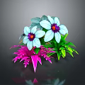Vibrant Cartoon Scene With Blue And White Flowers Pink And Green Leaves