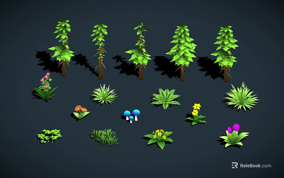 Various Types of Plants Including Trees Flowers Grass and Mushrooms Collection 3d model 
