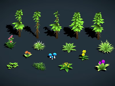 Various Types of Plants Including Trees Flowers Grass and Mushrooms Collection 3d model