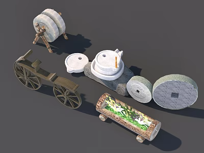 Traditional Courtyard Garden With Stone Mill Wooden Cart Mortar And Plant Trough 3d model
