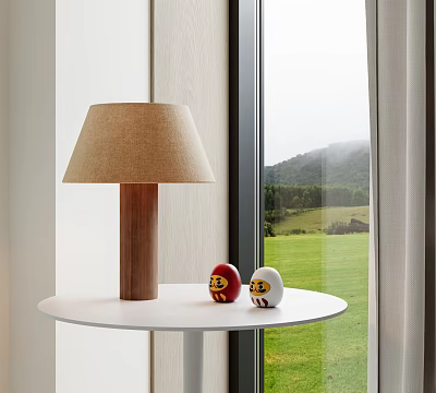 Wooden Base Beige Fabric Lampshade Table Lamp on White Round Table by Window with Green Mountain View 3d model