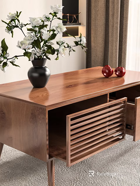 Wooden Coffee Table With Black Vase White Flowers Two Red Apples And Louvered Drawer 3d model 
