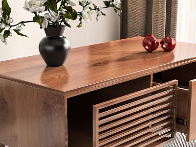Wooden Coffee Table With Black Vase White Flowers Two Red Apples And Louvered Drawer 3d model