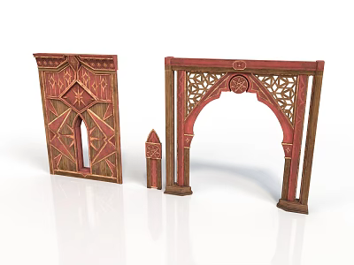 Architectural Decorative Arched Doorway And Carved Red Brown Wooden Arch Structures With Patterns 3d model