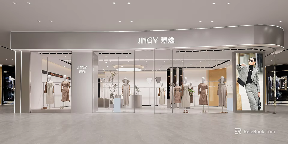 Elegant Modern Clothing Store Interior Featuring Glass Windows Mannequins And Fashion Apparel 3d model 