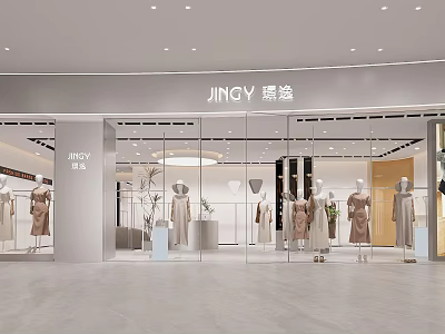 Elegant Modern Clothing Store Interior Featuring Glass Windows Mannequins And Fashion Apparel 3d model