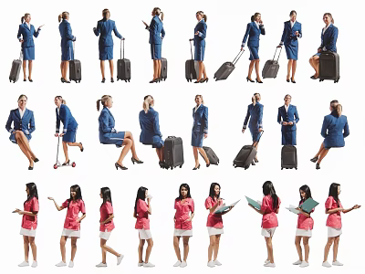Group of Women in Uniform with Luggage and Documents in Various Poses 3d model