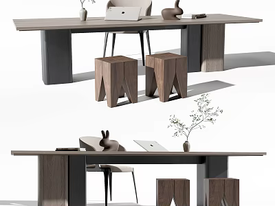 Modern Home Office Wooden Desk With Stools Laptop And Decorative Plant 3d model
