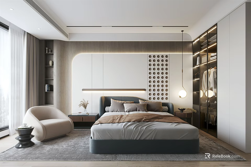 Elegant Modern Bedroom Interior With Bed Headboard Wall Circular Patterns Accent Chair And Open Wardrobe 3d model 