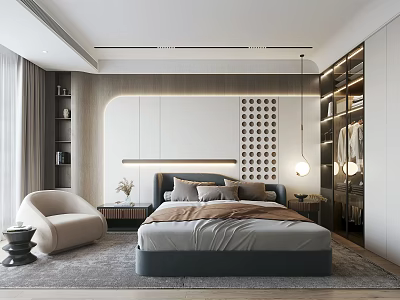 Elegant Modern Bedroom Interior With Bed Headboard Wall Circular Patterns Accent Chair And Open Wardrobe 3d model