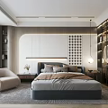Elegant Modern Bedroom Interior With Bed Headboard Wall Circular Patterns Accent Chair And Open Wardrobe
