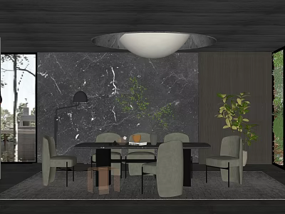 Modern Open Restaurant Interior With Marble Wall Dining Table Chairs Pendant Light And Plants 3d model