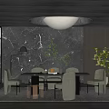 Modern Open Restaurant Interior With Marble Wall Dining Table Chairs Pendant Light And Plants