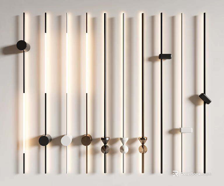 Modern Slim Tube Wall Sconces With Matte Black White Metallic Finishes Arranged On White Wall 3d model 