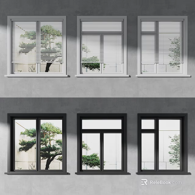 Modern Building Exterior With Multiple White And Black Casement Windows And Green Plants 3d model 