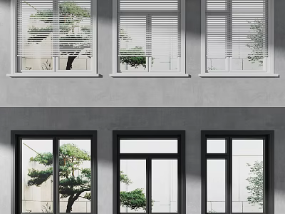 Modern Building Exterior With Multiple White And Black Casement Windows And Green Plants 3d model