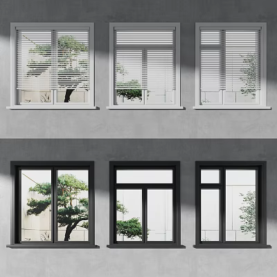 Modern Building Exterior With Multiple White And Black Casement Windows And Green Plants 3d model