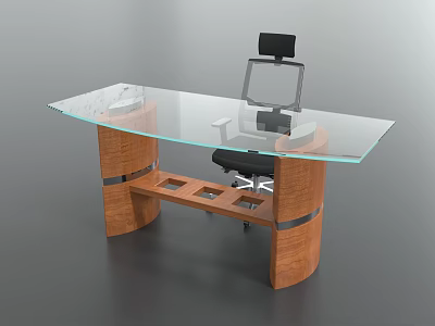 Modern Office Desk With Glass Top Wooden Legs And Black Chair 3d model
