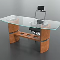 Modern Office Desk With Glass Top Wooden Legs And Black Chair