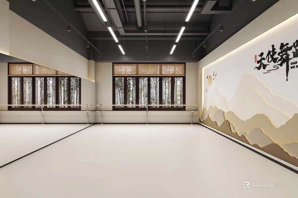 Spacious Fitness Studio With White Floors Large Windows Traditional Landscape Art And Virtue Calligraphy 3d model 